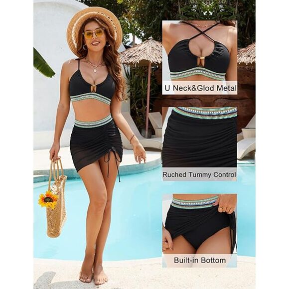 Womens High Waisted Bikini Set Mesh Swim Skirt Tummy Control Swimsuit Size XL - Picture 2 of 5